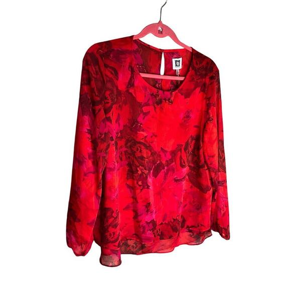 Anne Klein Tops - Anne Klein Top Long Sleeves Round Neck Floral Red Rose Womens Size Large NWT